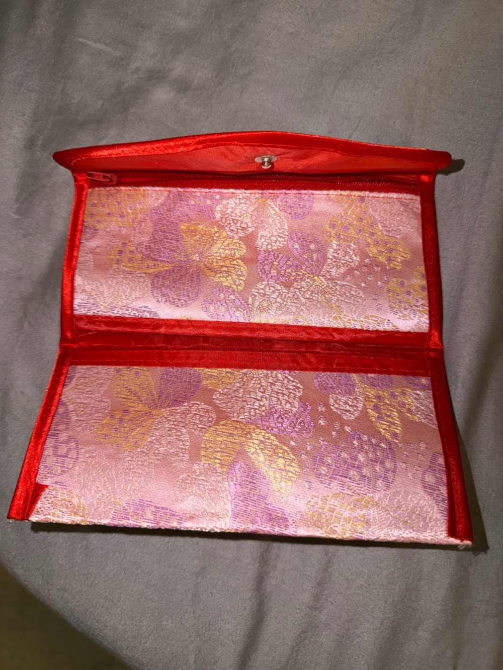 Pink Floral Envelope Clutch with Red Trim and Beaded Accent